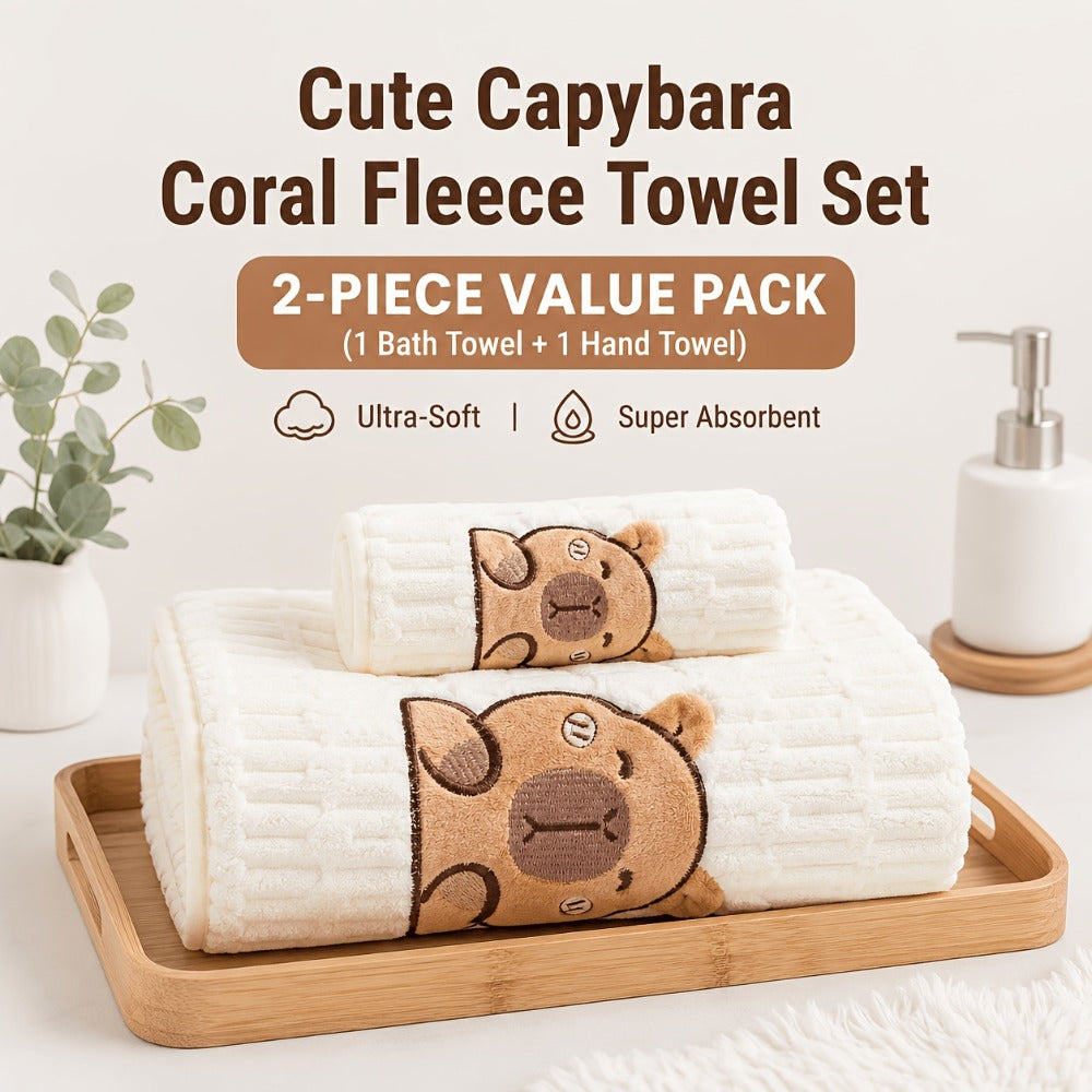 Towel Set 2 Piece Capybara Coral Fleece Face Towel and Bath Sheet in Four Printed Styles for Home and Guest Use