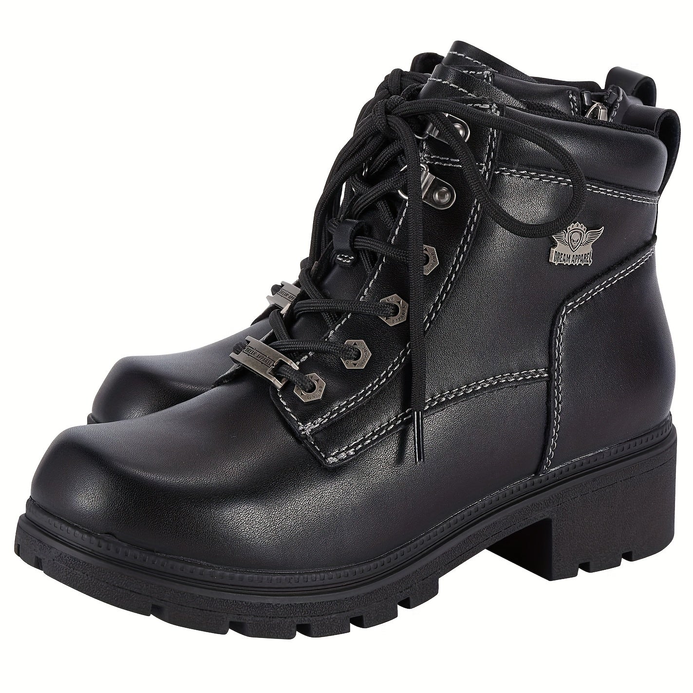Women's Motorcycle Riding Boots, Low Heel Lace-Up Ankle Booties with Side Zipper, Non-Slip Rubber Sole Biker Combat Boots in Black Faux