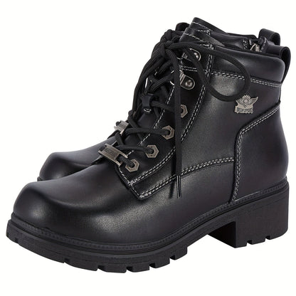 Women's Motorcycle Riding Boots, Low Heel Lace-Up Ankle Booties with Side Zipper, Non-Slip Rubber Sole Biker Combat Boots in Black Faux