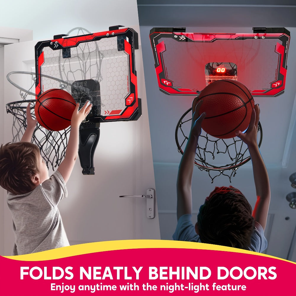 Indoor Basketball Hoop for Kids Over the Door, Light Up LED Scoreboard 4 Balls Air Pump 3 Game Modes 7 Light Shows