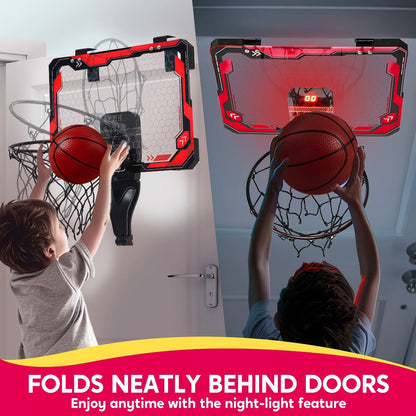 Indoor Basketball Hoop for Kids Over the Door, Light Up LED Scoreboard 4 Balls Air Pump 3 Game Modes 7 Light Shows
