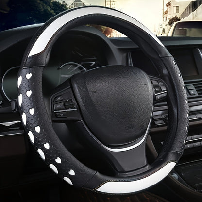 Steering Wheel Cover Faux Leather Heart Pattern – Non-Slip Wear-Resistant Anti-Aging All-Season Car Interior Accessory, Sports Style