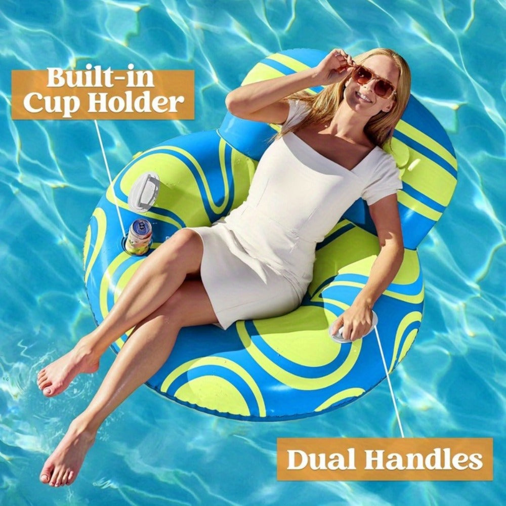 Inflatable Pool Float Sofa Chair with Raised Backrest, Mesh Seat, Dual Handles and Cup Holder