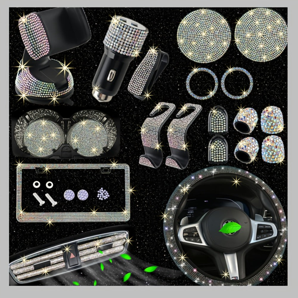 Bling Car Accessories Set 27pcs – Glitter Steering Wheel Cover 15 Inch, Bling License Plate Frame, Phone Holder & Car Coasters for Women
