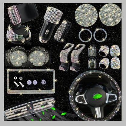 Bling Car Accessories Set 27pcs – Glitter Steering Wheel Cover 15 Inch, Bling License Plate Frame, Phone Holder & Car Coasters for Women