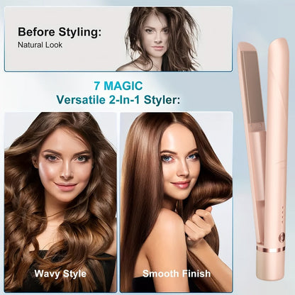 Wireless Hair Straightener and Curling Iron 2-in-1 Ceramic Cordless Hair Styler USB-C for Home, Travel and Salon Hair Styling