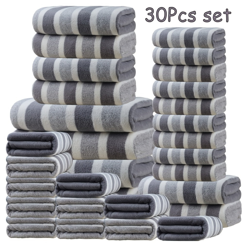 Thirty-Piece Striped Bath Towel Set with Bath, Hand and Washcloth Sizes in Ten Color Checkouts