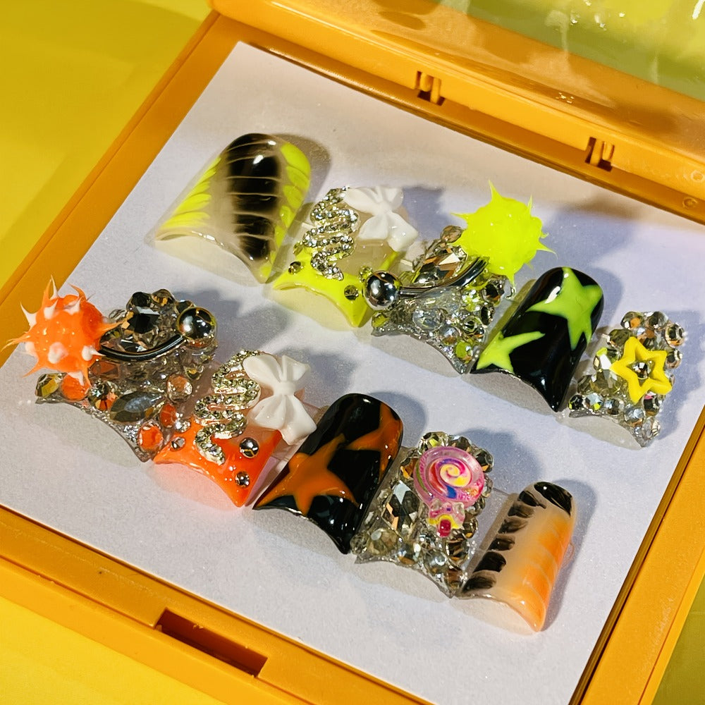Press On Nails Handmade Y2K Duckbill Set with 3D Eye Barbell Star Rhinestone Charms and S M L Sizes