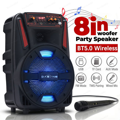 8-Inch Bluetooth Party Speaker with LED Lights & Wired Microphone, TWS Stereo Bass Boost, FM Radio
