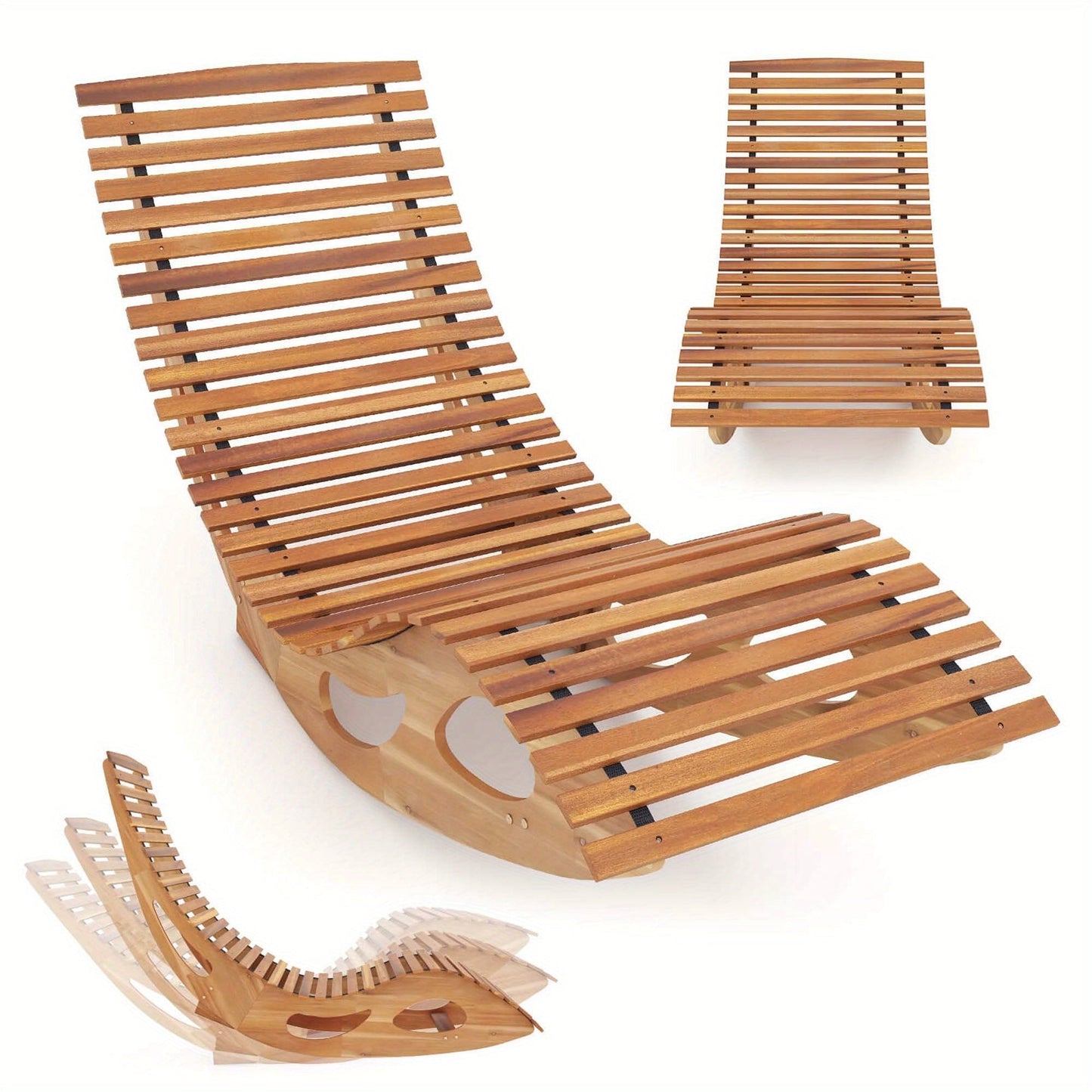Acacia Wood Rocking Chaise Lounge Outdoor High Back Slatted Seat Stopper Patio Rocker for Deck Poolside Garden