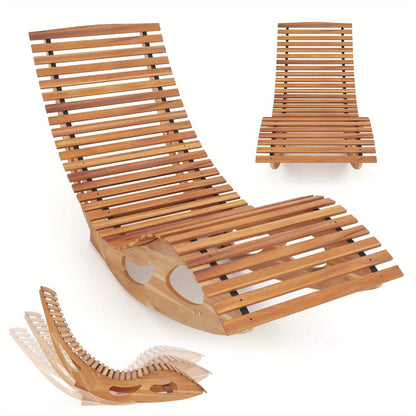 Acacia Wood Rocking Chaise Lounge Outdoor High Back Slatted Seat Stopper Patio Rocker for Deck Poolside Garden