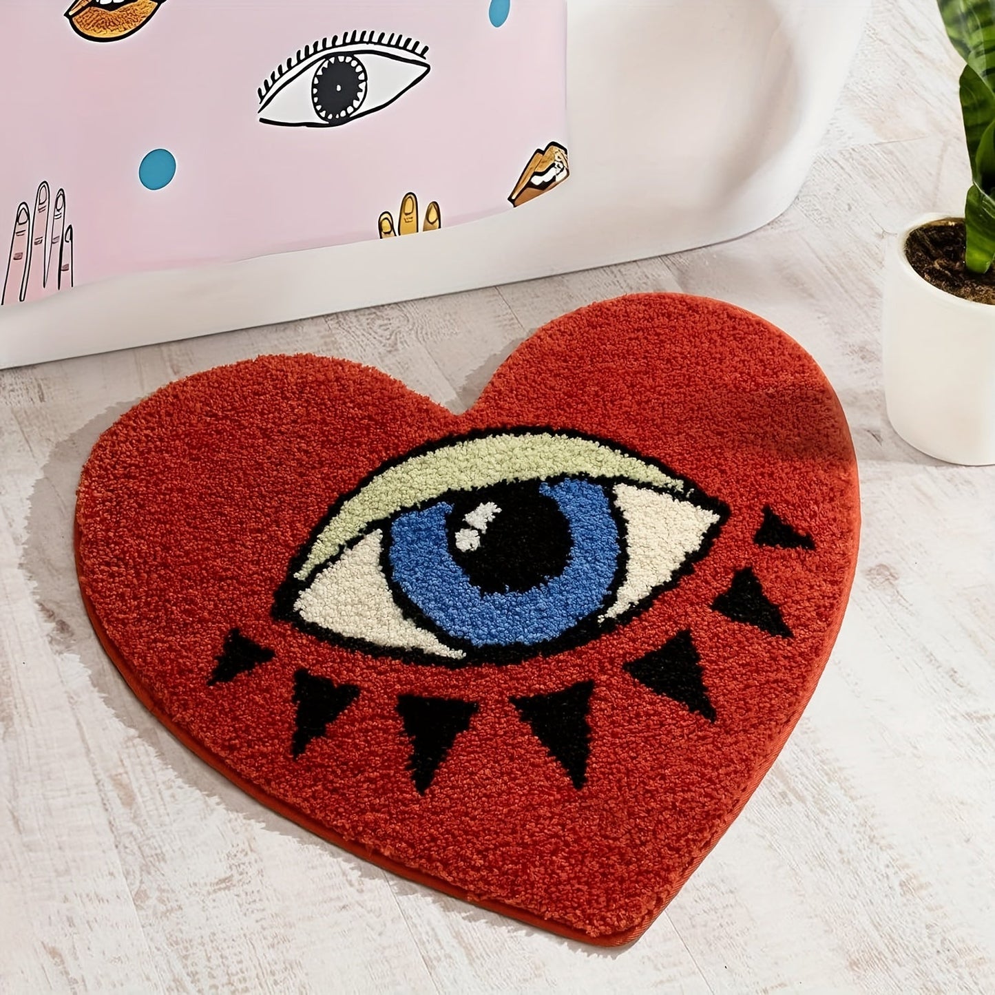 Eye Pattern Heart Shaped Bathroom Mat Plush Bath Rug 20x24 inch Valentine Home Decor for Entryways, Bedrooms and Living Spaces