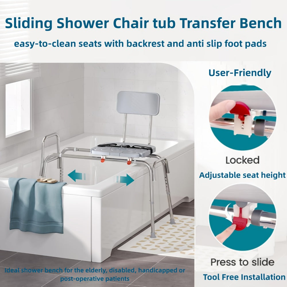 Sliding Bathtub Transfer Bench with Reversible Grey Seat, Safety Rail, Backrest and Adjustable Legs
