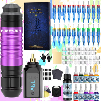 Tattoo Machine Kit POSEIDON TU12 Wireless Pen with 1500mAh Battery, USB-C, 20 Cartridges and Practice Skin