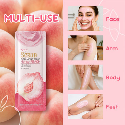 Peach Body Scrub with Jojoba Beads, Fifty 0.11oz Travel Sachets for Foot and Body Care at Home