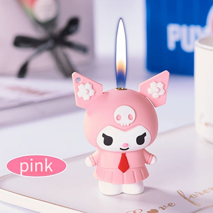 3D Kawaii Anime Figure Lighter with Chain, Cute Kuromi Sanrio Cartoon Open Flame Butane Lighter, Unique Kawaii Gift for Anime Fans