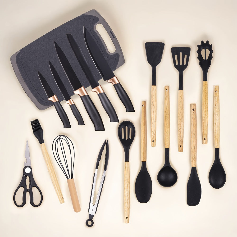 Kitchen Knife Set 19-Piece with Stainless Steel Blades, Wood Handles, Silicone Utensils, Board, Shears and Holder