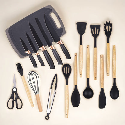 Kitchen Knife Set 19-Piece with Stainless Steel Blades, Wood Handles, Silicone Utensils, Board, Shears and Holder