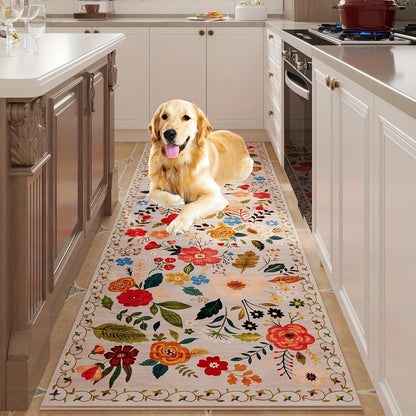 Area Rug for Bedroom, Bohemian Floral Plush Runner with Four Machine-Washable Sizes for Bedroom or Kitchen