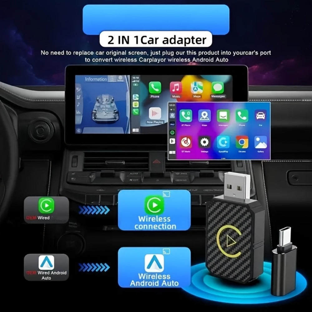 Mini Wired-to-Wireless CarPlay Adapter with USB-A Plug and USB-C Adapter in USB Set Pictured