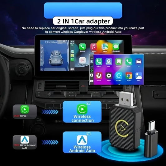 Mini Wired-to-Wireless CarPlay Adapter with USB-A Plug and USB-C Adapter in USB Set Pictured