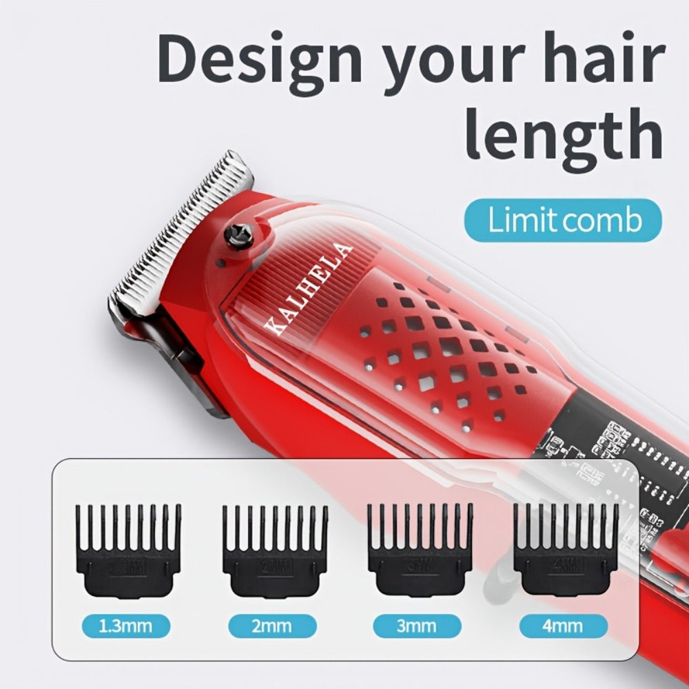 Transparent Electric Hair Clipper with Digital Display, Four Guide Combs, Grooming Tools and Red, Black or Blue Finish
