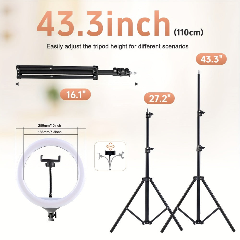 10-Inch Standard or RGB LED Ring Light with 43- or 63-Inch Tripod and Phone Holder Options