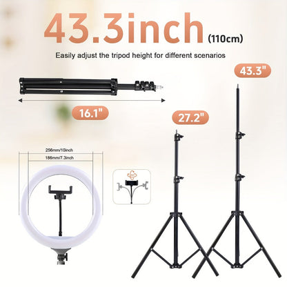 10-Inch Standard or RGB LED Ring Light with 43- or 63-Inch Tripod and Phone Holder Options