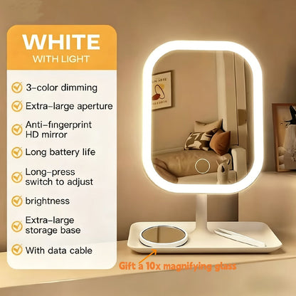 LED Makeup Mirror with Lights Rechargeable, Foldable Lighted Vanity Mirror 3 Color Modes Touch Dimming Portable Stand