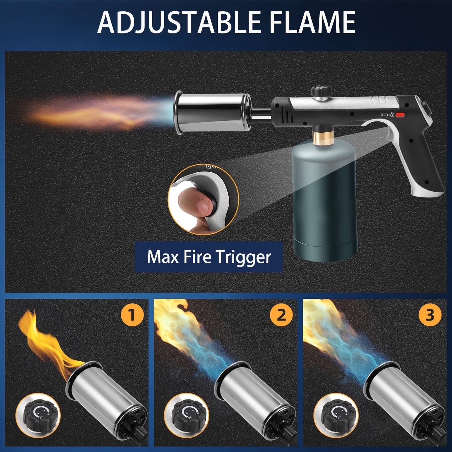 Propane Torch Gun with Safety Lock & One-Touch Max Fire, Adjustable Flame Butane Burner for Searing Steak