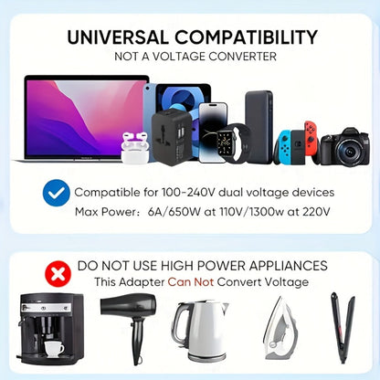 Universal Travel Adapter with Surge Protection - 2 USB & Type-C Ports, All-in-One International Plug for 350+ Countries