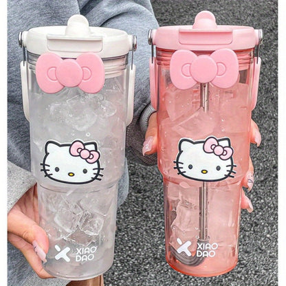 Hello Kitty Water Bottle with Straw 30 Oz, Large Cartoon Tumbler for Women & Girls, Portable Outdoor Sports Cup with Bow & Sticker