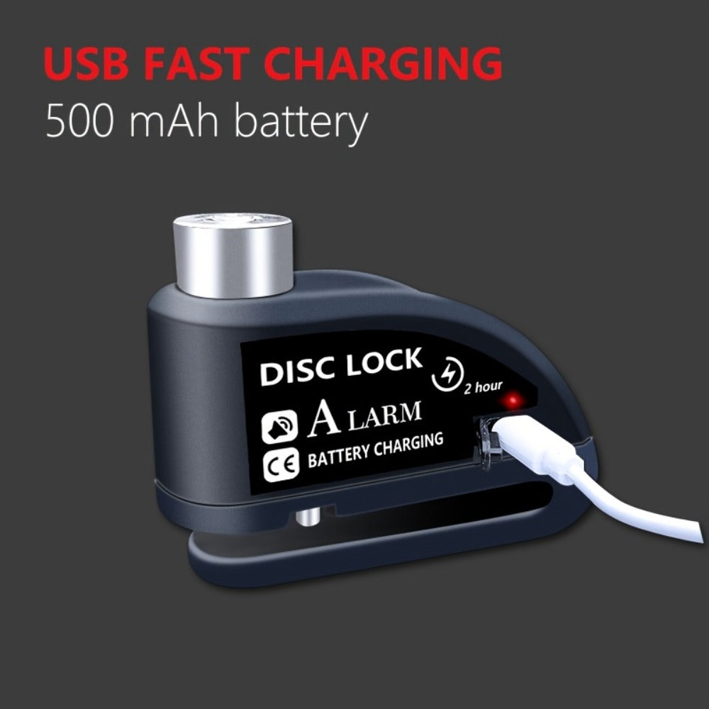 Motorcycle Disc Brake Lock with Alarm 110dB Anti-Theft Security Lock 500mAh Rechargeable USB Motorbike Wheel Lock with Reminder Rope