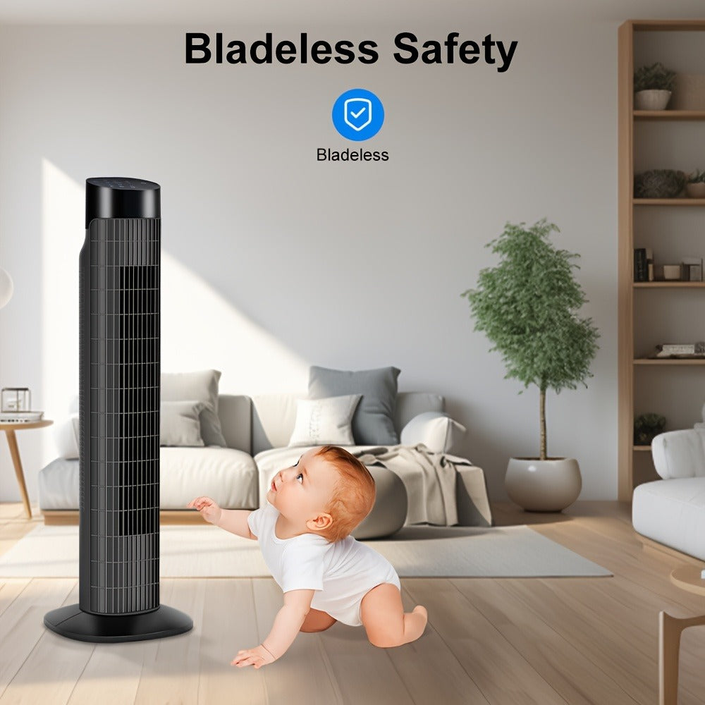 Tower Fan 31 Inch Bladeless, 80° Oscillating Standing Fan with Remote Control, 7.5H Timer & 3-Speed Settings