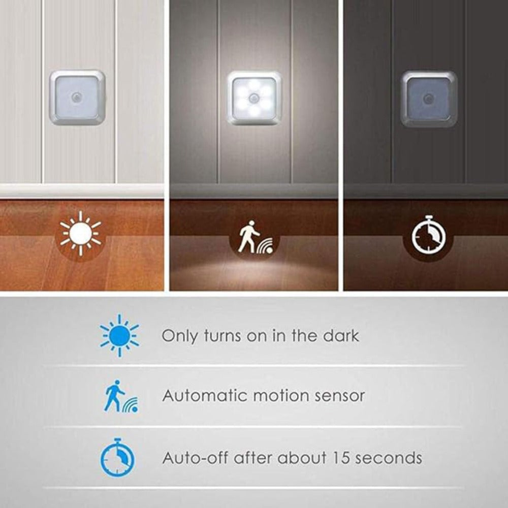 Four-Piece 8cm Square Battery Night Light Set with Motion Sensors and Cool-Light Checkout for Hallways