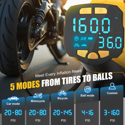 Cordless Tire Inflator 160PSI Portable Air Compressor Compatible with DeWalt 20V / 18V Battery, Digital Pressure Gauge