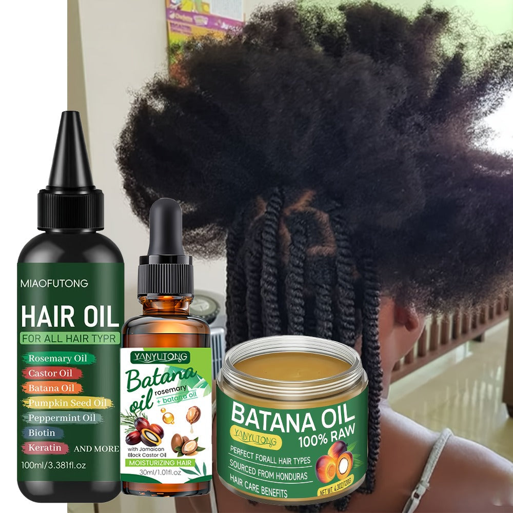 Biotin Hair Oil 3-Piece Set with Cold-Pressed Bataina Oil Essential Oil & Conditioner, Strengthens Breakage Split Ends Enhances Shine