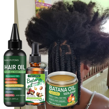 Biotin Hair Oil 3-Piece Set with Cold-Pressed Bataina Oil Essential Oil & Conditioner, Strengthens Breakage Split Ends Enhances Shine