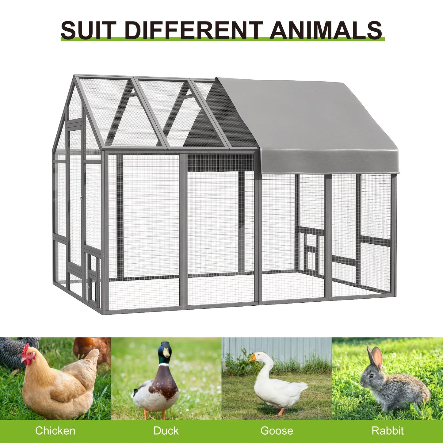 Walk-In Chicken Coop 96" Extra Large with Movable Fence, Outdoor Wooden Poultry Cage with Cover, Nesting Box & Walk-In Run for Farm