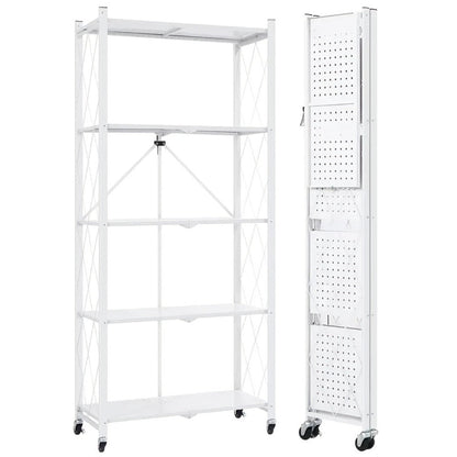 Three-to-Five-Tier Wheeled Storage Rack with Foldable Shelves and Black or White Configurations