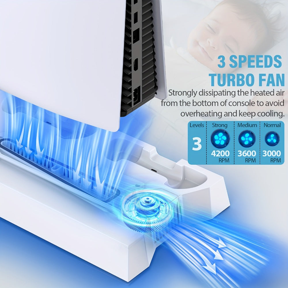 Five-in-One Console Stand Compatible with PS5 Models, Dual Controller Dock, Fan, USB Hub and Headset Holder