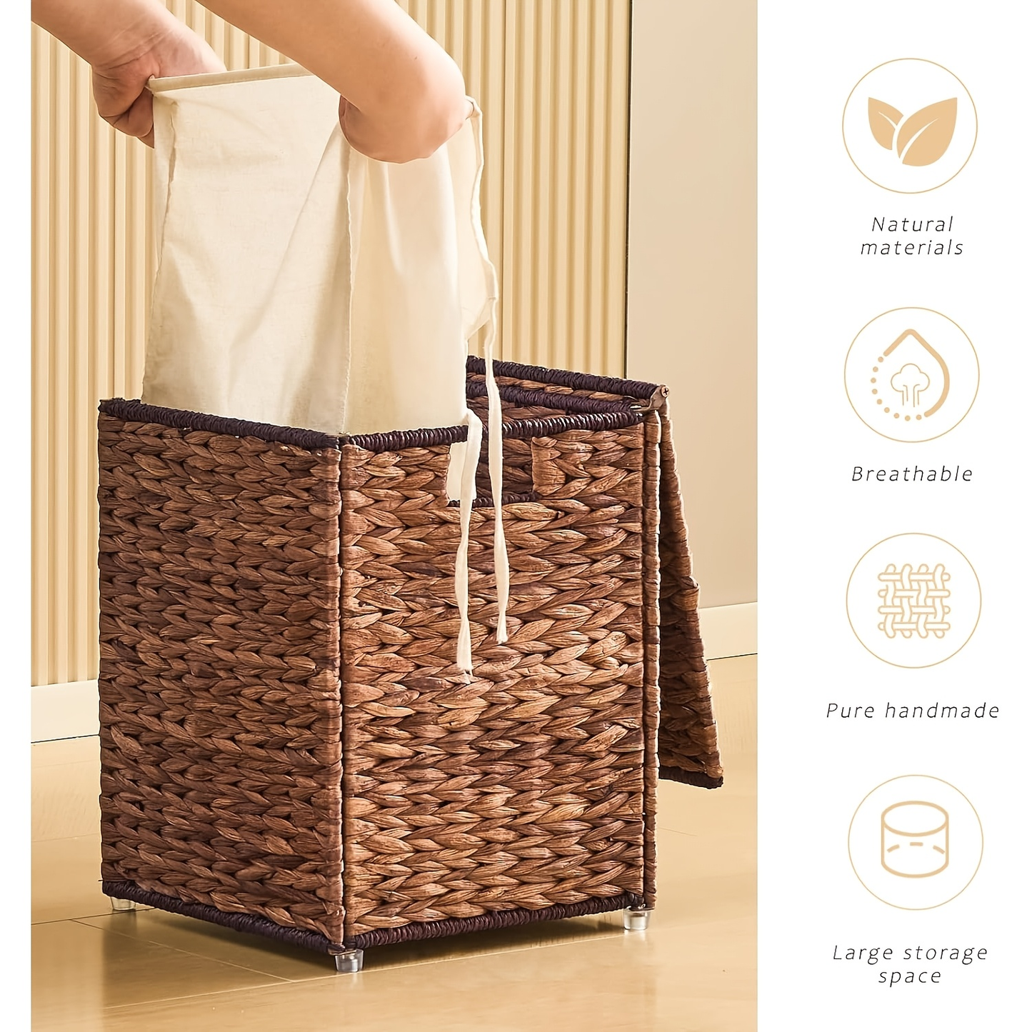 Laundry Basket with Lid & Handles – Handwoven Water Hyacinth Wicker Hamper, Removable Cotton Liner