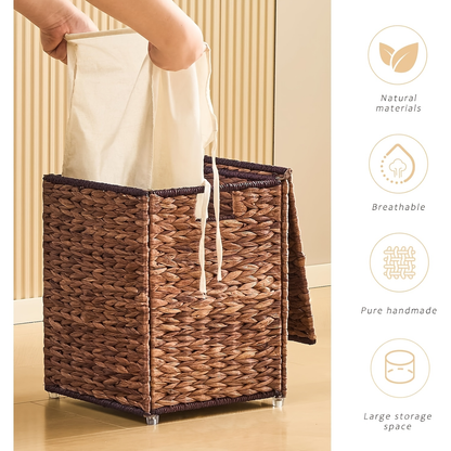 Laundry Basket with Lid & Handles – Handwoven Water Hyacinth Wicker Hamper, Removable Cotton Liner