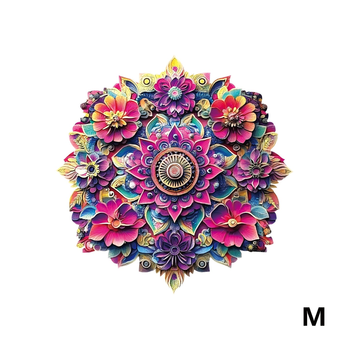 Floral Mandala Wooden Jigsaw Puzzle with Irregular Pieces and S, M and L Options from 5.31 to 11.02 Inches