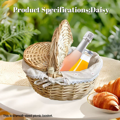 Covered Wicker Picnic Hamper with Twin Lid Panels in Red Plaid or Daisy Pattern Textile Styles