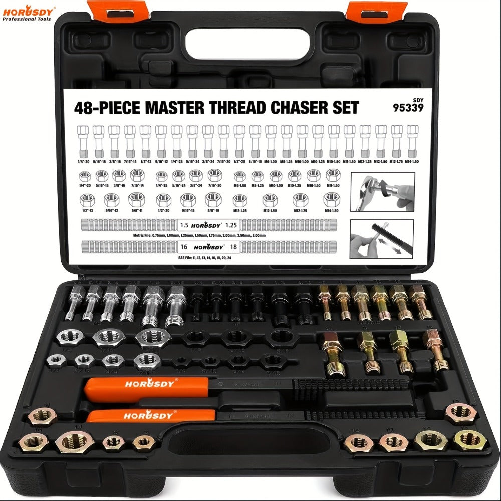 Thread Repair Kit 48-Piece – UNF UNC & Metric Tap and Die Rethreading Set, SAE & Metric Thread Chaser for Bolt & Nut Repair