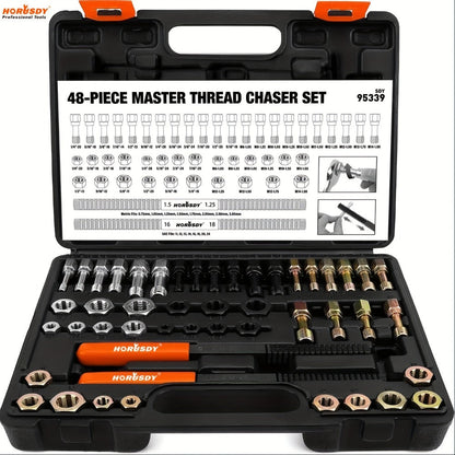 Thread Repair Kit 48-Piece – UNF UNC & Metric Tap and Die Rethreading Set, SAE & Metric Thread Chaser for Bolt & Nut Repair