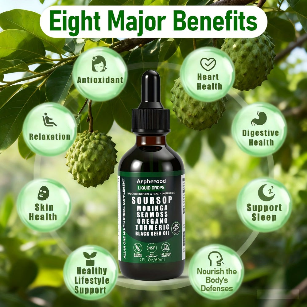 Soursop Graviola Liquid Drops 2 Fl Oz, Leaf & Fruit Blend with Sea Moss, Elderberry & Black Seed Oil