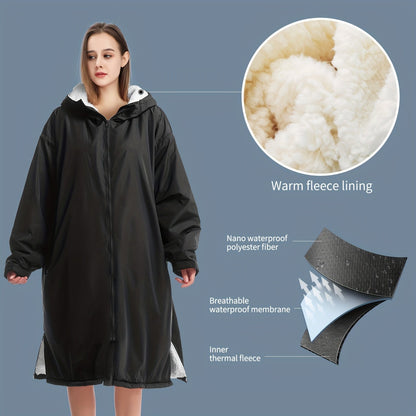 Changing Robe Fleece Lined Hooded – Long Sleeve Windproof Warm Surf Poncho for Swimming, Surfing, Diving, Camping & Hiking – 43.3x31.5in
