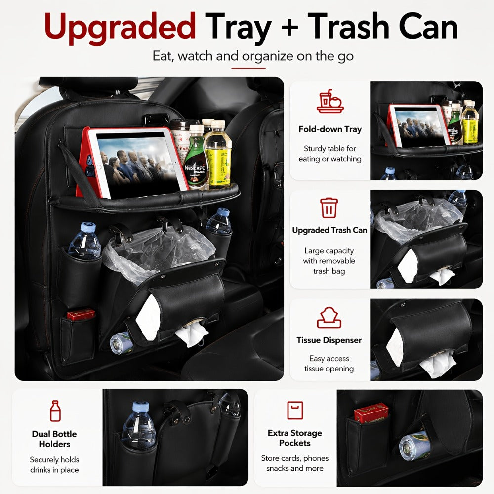 One-Piece Seatback Car Organizer with Fold-Down Tray, Cup Recesses, Mesh Pockets and Four Colors